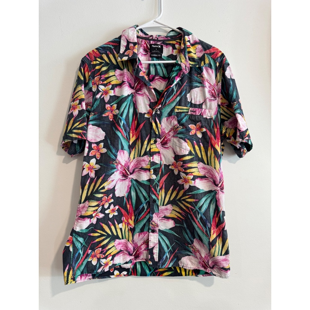 Summer travel shirt Hurley Tropical Floral Button Down Mens Large Black Pink